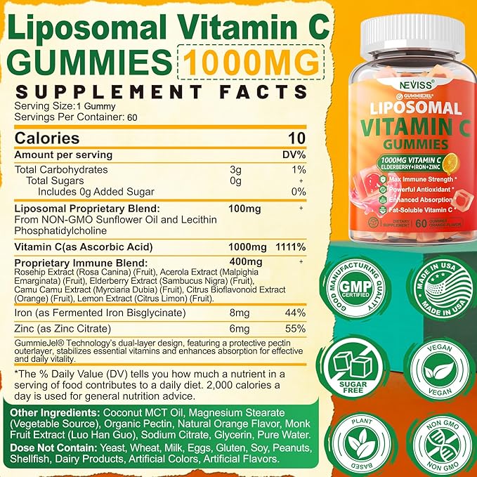 Liposomal Vitamin C 1000mg Gummies for Adults - Vitamin C Chewable 1500mg with 8mg Iron, Zinc & Elderberry - Immune Support, Immune Booster Supplement - for Energy, Collagen Booster, 1Pack Sugar Free