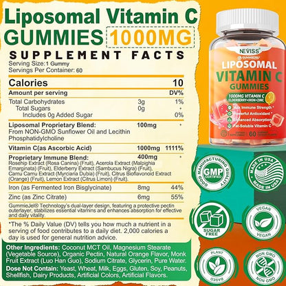 Liposomal Vitamin C 1000mg Gummies for Adults - Vitamin C Chewable 1500mg with 8mg Iron, Zinc & Elderberry - Immune Support, Immune Booster Supplement - for Energy, Collagen Booster, 1Pack Sugar Free