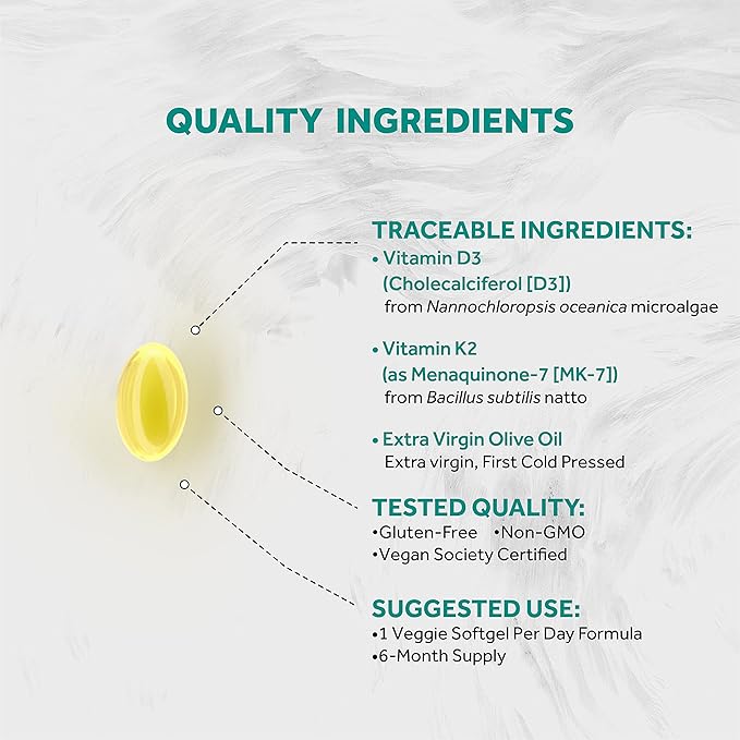 Vegan Vitamin D3 + K2 with Extra Virgin Olive Oil | 5000iu Vitamin D with 120mcg MK7 Vitamin K | Better Support for Bone & Immune Health | Vegan Society Certified 180 Softgels