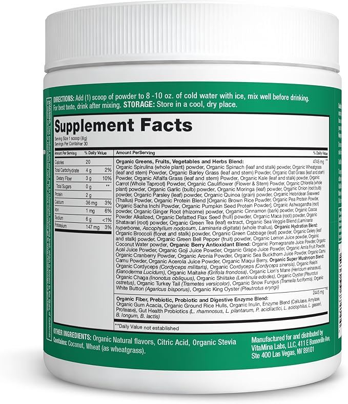 Organic Super Greens Powder, 70+ Superfoods, 0 Sugar, 3G Fiber, Spirulina, Chlorella, Antioxidants, Prebiotics/Probiotics, Digestive Enzymes, Green Apple, 30 Servings