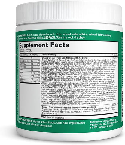 Organic Super Greens Powder, 70+ Superfoods, 0 Sugar, 3G Fiber, Spirulina, Chlorella, Antioxidants, Prebiotics/Probiotics, Digestive Enzymes, Green Apple, 30 Servings