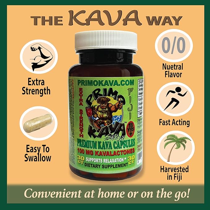 Kava Capsules | Authentic Kava Kava from Fiji | Fast Acting Kava Extract | 100mg of Kavalactones | Adaptogenic Experience | 30 Count