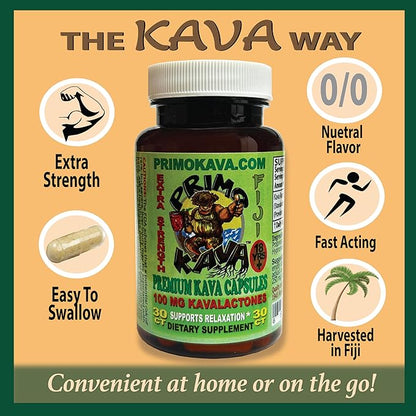 Kava Capsules | Authentic Kava Kava from Fiji | Fast Acting Kava Extract | 100mg of Kavalactones | Adaptogenic Experience | 30 Count