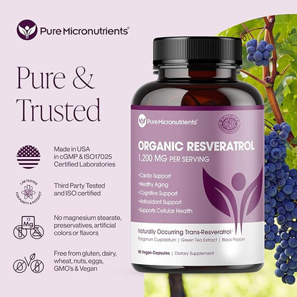 Organic Resveratrol Supplement – Trans-Resveratrol Capsules with Green Tea & Black Pepper – Highly Purified & Bioavailable - 90 Vegan Caps
