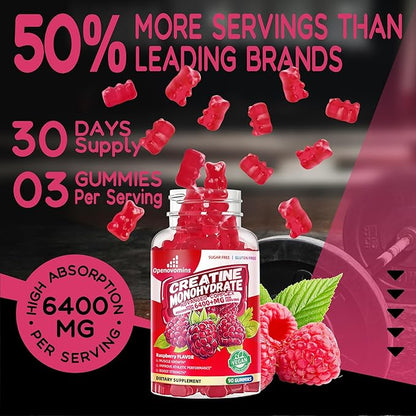 Creatine Monohydrate Gummies Complex 6400mg for Men & Women -Advanced Formula W/L-Taurine + Vitamin B12, Sugar Free Chewable Supplement,90 Raspberry Gummies