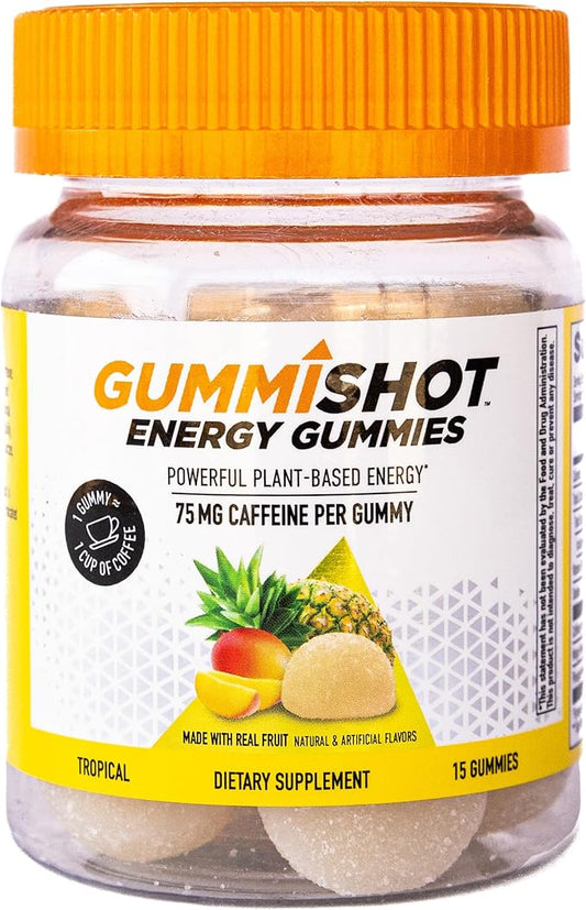 Energy Gummies, 1125 mg of Plant-Based Caffeine Chews per Bottle, Long Lasting Energy Boosters, Tropical (15ct)