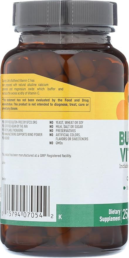 Country Life Vitamin C Buffered with Bioflavonoids, 500mg, 250 Tablets, Certified Gluten Free, Certified Vegan