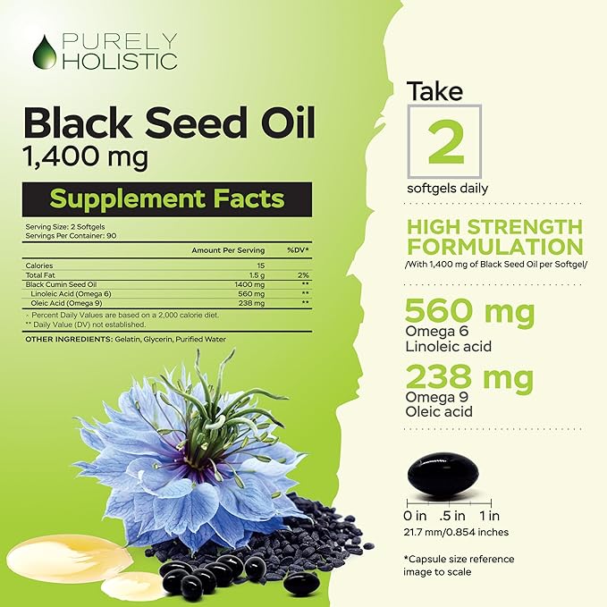 Black Seed Oil Capsules 1400mg, 180 Softgels, 3 Month Supply - Cold Pressed Nigella Sativa, Rich in Omega 6, 9 & TQ, Black Cumin Seed Oil, Immune Support, Joints and Digestion