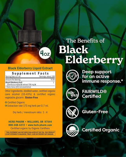 Herb Pharm Certified Organic Black Elderberry Liquid Extract for Immune System Support, Organic Cane Alcohol, 4 Ounce