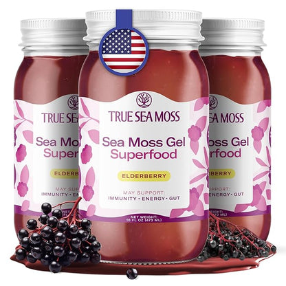 TrueSeaMoss Sea Moss Gel – Made in USA – Wildcrafted Seamoss, Fresh Fruits & Sea Vegetables – Elderberry, Pack of 3 (Labels may Vary)