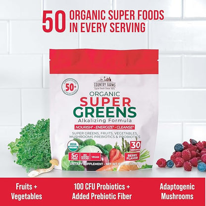 COUNTRY FARMS Super Greens Berry Flavor, 50 Organic Super Foods, USDA Organic Drink Mix (Wheat Grass, Spirulina, Chlorella) Mushrooms & Probiotics, with Fiber, Gut Health, Natural Energy, 30 Servings