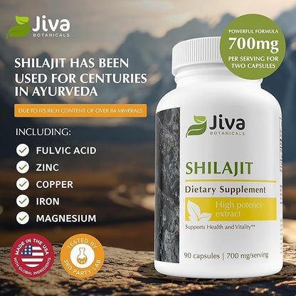 Jiva Botanicals Shilajit Capsules 700 mg – Shilajit Extract with Fulvic Acid – Shilajit Supplement for Men & Women – 90 Vegan Capsules for Daily Wellness