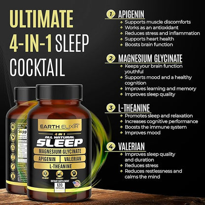 4-in-1 Sleep Aid (120 Caps) w/Apigenin 50mg, Magnesium Glycinate 200mg, L Theanine 200mg & Valerian Root for Sleep Aid 300mg | Apigenin Supplement for Sleep | Sleeping Pills