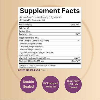 Multi Collagen Protein Powder 600g - 5 Types (I, II, III, V, X) Grass-Fed & Pasture-Raised | with Biotin 5000mcg, Vitamin C & Hyaluronic Acid | Keto, Paleo, Unflavored (54 Servings)