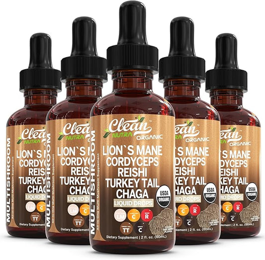Mushroom Supplement Liquid Drops with Lions Mane Turkey Tail Cordyceps Reishi Chaga Shitake Maitake Tremella Oyster Mushrooms Poria Supplement and Enokitake Mushrooms Complex Blend by Clean Nutra