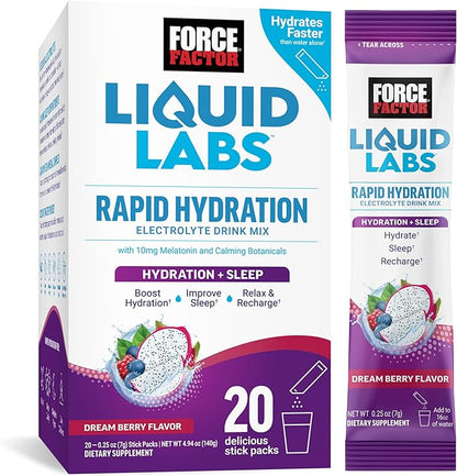 FORCE FACTOR Liquid Labs Sleep, Electrolytes Powder & Sleep Aid with Melatonin 10mg, Hydration Packets for Sleep Support with Vitamins, Minerals, & Antioxidants, Dream Berry Flavor, 20 Stick Packs