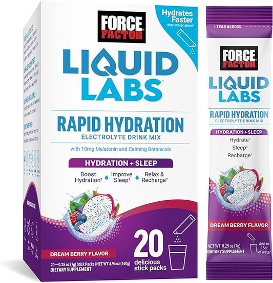 FORCE FACTOR Liquid Labs Sleep, Electrolytes Powder & Sleep Aid with Melatonin 10mg, Hydration Packets for Sleep Support with Vitamins, Minerals, & Antioxidants, Dream Berry Flavor, 20 Stick Packs