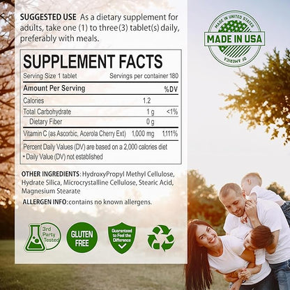Acerola Cherry Vitamin C 1000mg, Immune Support - 180 Tablets X 1 Bottle (180 Count)