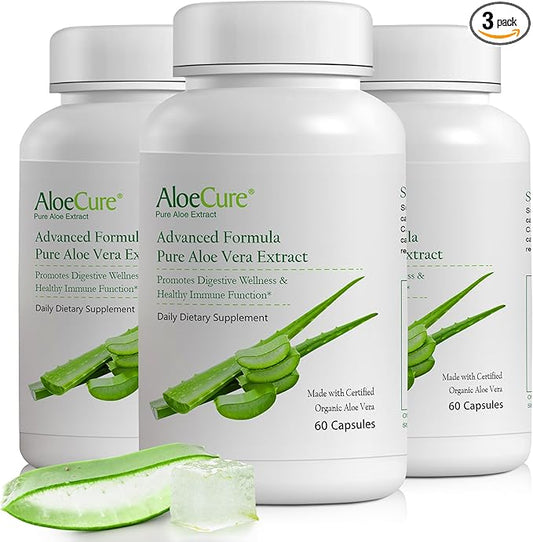AloeCure Organic Aloe Vera Capsules, 130,000mg Inner Aloe Leaf Equivelant per Serving, Support Gut, Digestive, & Immune Health, Helps Maintain Balanced Stomach Acidity, Aloin Free, 60Caps x 3Btl
