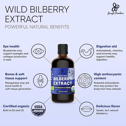Wild Bilberry Extract for Eyes USDA Organic 3.4oz Bottle, Black Red Raspberry Powders Bundle 5 Ounce Bag, Freeze Dried Raspberries for Baking Smoothies Dehydrated Fruit