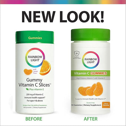 Rainbow Light Vitamin C Gummies, Dietary Supplement Provides Immune Support, With Vitamin C and Vitamin E, Citrus Flavor, 90 Count