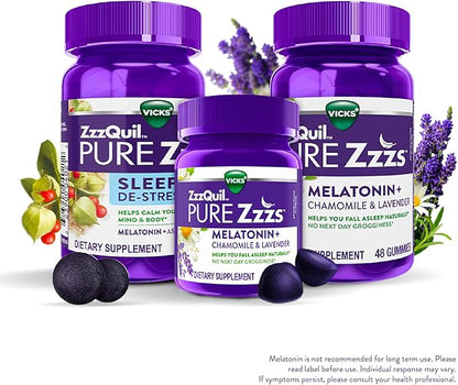ZzzQuil Pure Zzzs, Melatonin Sleep Aid Gummies with Lavender, Valerian Root and Chamomile, Natural Wildberry Vanilla Flavor, Non-Habit Forming, Drug-Free, 24 Gummies (Pack of 4)