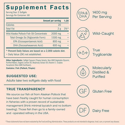 True Grace Omega-3 Fish Oil - 120 Softgels - 1400 mg EPA + DHA - Brain, Heart, Joint & Immune Health - Organic, Gluten Free, Soy Free
