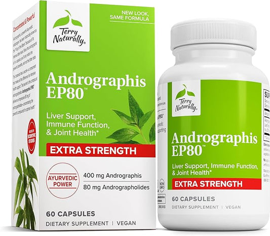 Terry Naturally Andrographis EP80 Extra Strength - Brain Health & Immune Support - Joint Health Supplement to Aid Mobility - Vegan Adaptogen Supplement for Energy & Liver Support - 60 Capsules