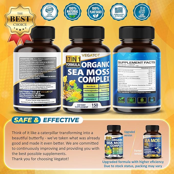 Organic Sea Moss with Bladderwrack, Burdock, Ashwagandha, and Turmeric - Immunity Booster for Healthy Aging, Skin & Joint Support- Made in The USA (150 Count (Pack of 1))