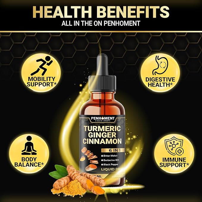 6in1 Liquid Turmeric Ceylon Cinnamon Berberine Ginger Bitter Melon & Black Pepper – Turmeric Supplement Drops for Digestive Health & Mobility – 1 FL OZ – 60 Servings