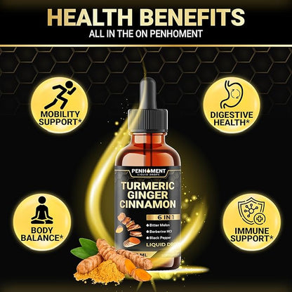 6in1 Liquid Turmeric Ceylon Cinnamon Berberine Ginger Bitter Melon & Black Pepper – Turmeric Supplement Drops for Digestive Health & Mobility – 1 FL OZ – 60 Servings