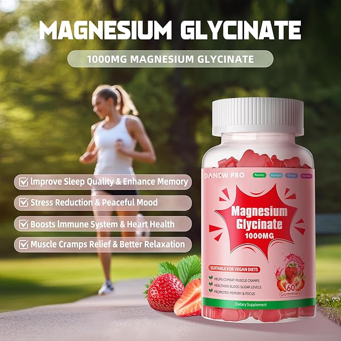 Magnesium Glycinate Gummies 1000mg - Sugar Free Magnesium Potassium Supplement with Vitamin D, B6, CoQ10 for Calm Mood & Sleep Support - 120 Strawberry Gummies