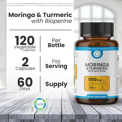 Moringa & Turmeric with BioPerine 10mg 95% Piperine – 1100 MG Joint Support Supplement with 95% Curcuminoids, 120 Vegan Capsules, USA-Made, GMP & UL-Certified