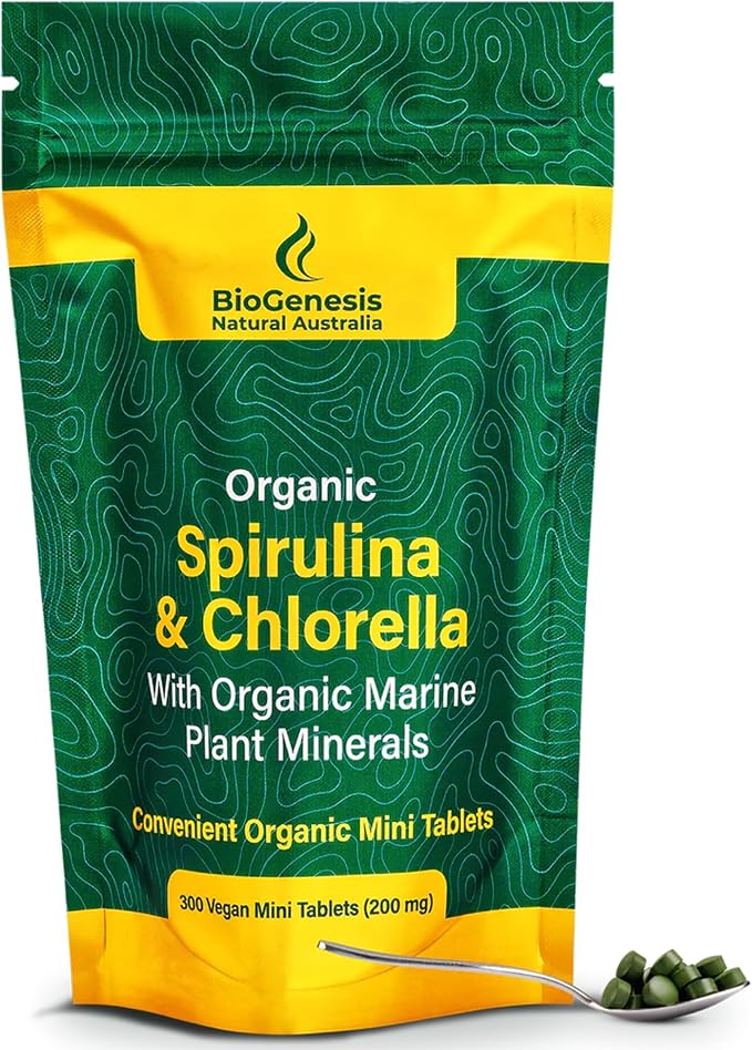 Organic Spirulina & Chlorella + Marine Plant Minerals, Australian | BioDynamic Cracked Cell Wall, Chlorophyll-Rich, Vitamins, Minerals |Vegan Tablets (200 mg) (300)
