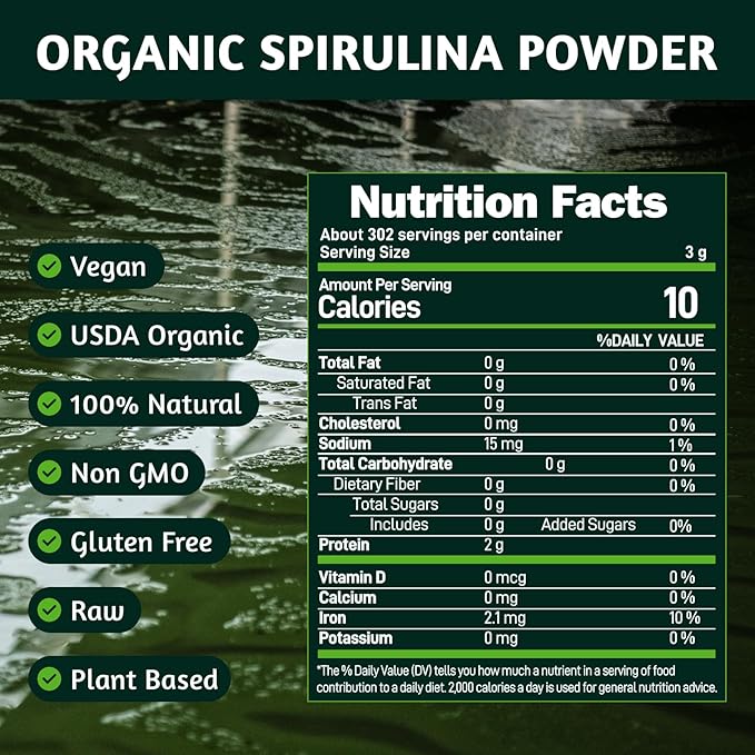 Organic Spirulina Powder, 32oz USDA Certified, 100% Pure & Natural, Non-GMO, Gluten-Free, Detox & Energy Boost, Rich in Protein, Iron, Antioxidants, Superfood for Smoothies, Ideal for Vegan