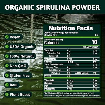 Organic Spirulina Powder, 32oz USDA Certified, 100% Pure & Natural, Non-GMO, Gluten-Free, Detox & Energy Boost, Rich in Protein, Iron, Antioxidants, Superfood for Smoothies, Ideal for Vegan