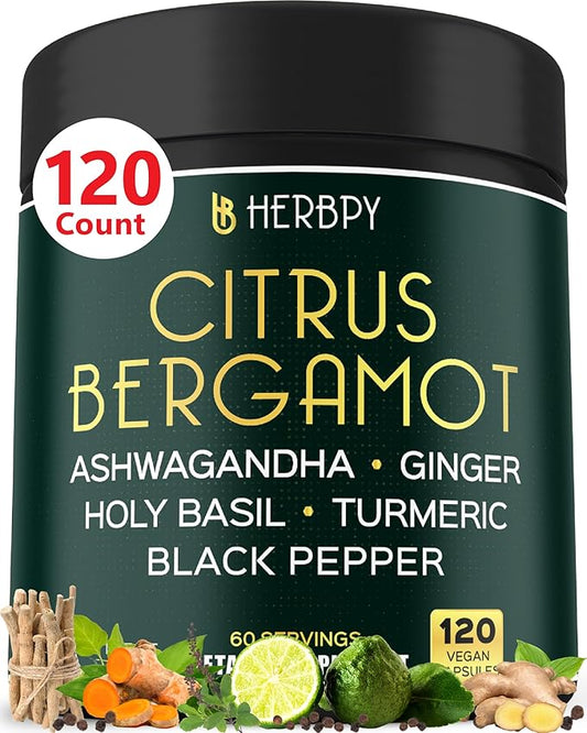 6in1 Citrus Bergamot Supplement with Ashwagandha, Holy Basil, Turmeric & Ginger Root - Healthy Aging, Immune & Relaxation - 120 Vegan Capsules