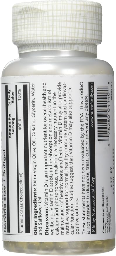 SOLARAY Vitamin D-3-400 IU | 120 Softgels