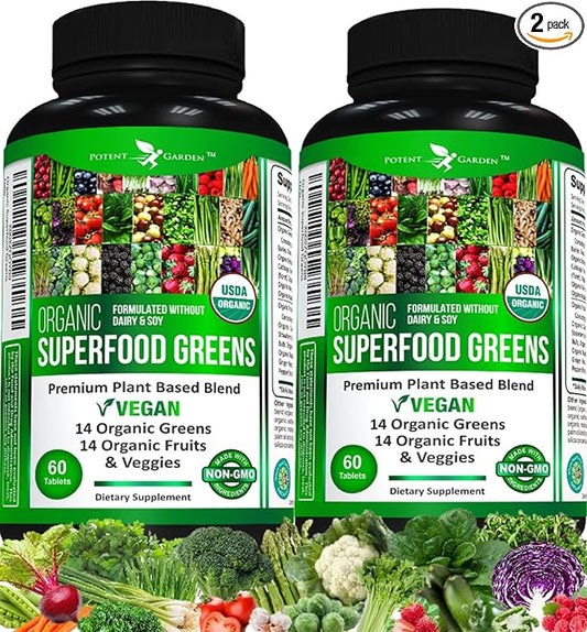 Potent Garden 2-Pack Organic Superfood Greens, Fruit and Veggie Supplement Rich in Vitamins & Antioxidants with Alfalfa, Beet Root & Tart Cherry to Boost Energy, Immunity & Gut Health, 120 Ct