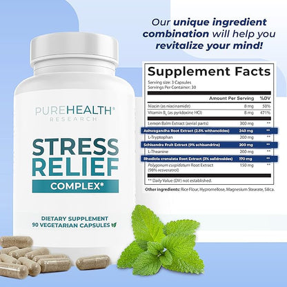 PUREHEALTH RESEARCH Cortisol Reducer & Stress Relief Supplement - Lower Cortisol Supplements for Better and Sleep with Ashwagandha, L-Theanine and Lemon Balm - Cortisol Health Manager, 1 Bottle