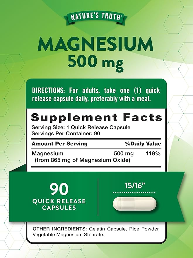 Nature's Truth Magnesium Oxide 500mg Capsules | 90 Count | Non-GMO & Gluten Free High Strength Supplement