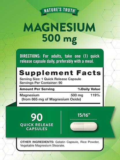 Nature's Truth Magnesium Oxide 500mg Capsules | 90 Count | Non-GMO & Gluten Free High Strength Supplement