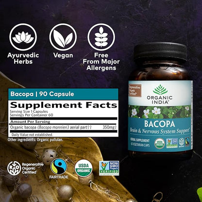 ORGANIC INDIA Bacopa Supplement - Bacopa Monnieri Organic, Brain, Focus, & Memory Support for Women & Men, Ayurvedic Herbs, Non GMO, Fairtrade Certified - 60 Vegan Capsules