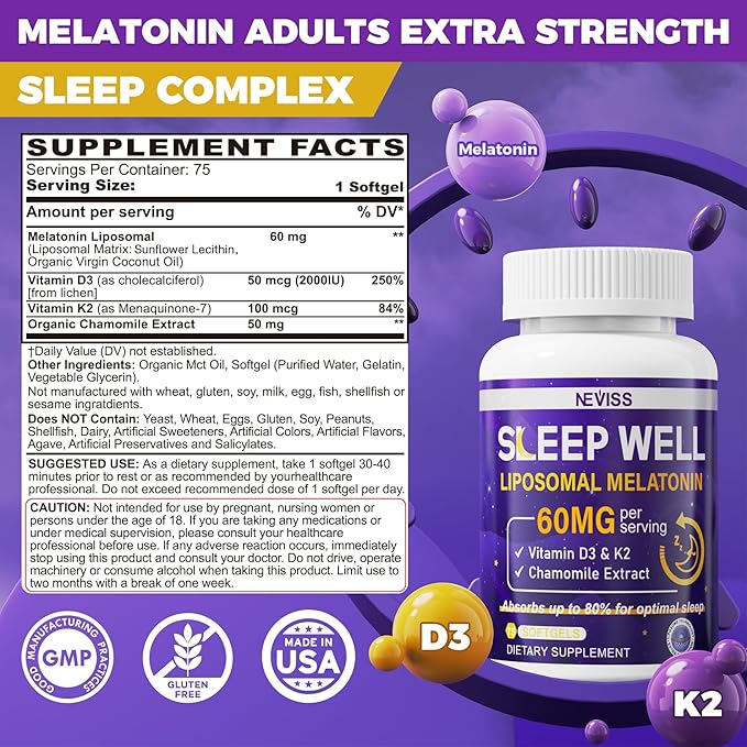 NEVISS 1Pack 60mg Melatonin Liposomal for Adults, High Dose Deep Rest & Brain Cognition, Extra Strength with Vitamin D3, K2, Chamomile for Sound Zzz Cycle, Power Antioxidant, 75 Softgels
