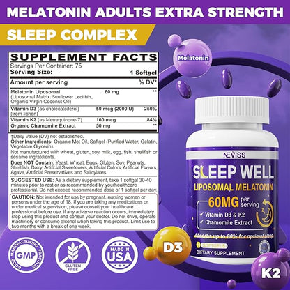 NEVISS 1Pack 60mg Melatonin Liposomal for Adults, High Dose Deep Rest & Brain Cognition, Extra Strength with Vitamin D3, K2, Chamomile for Sound Zzz Cycle, Power Antioxidant, 75 Softgels