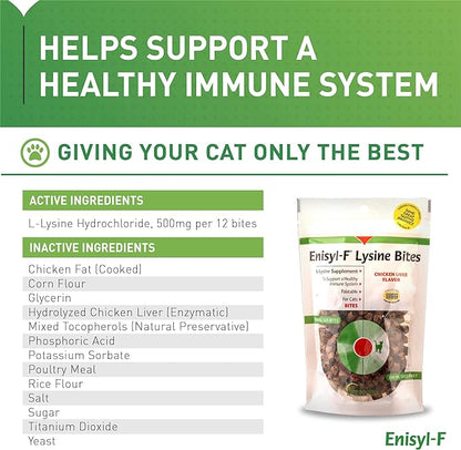Vetoquinol Enisyl-F Lysine Bites: L-Lysine Chews for Cats & Kittens - Chicken Liver-Flavor, 6.4oz (180g) Recloseable Bag