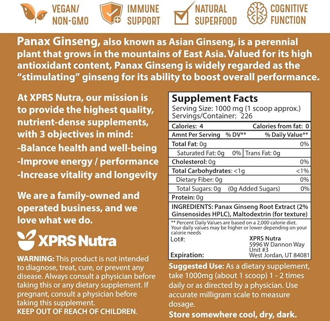 XPRS Nutra Ginseng Root Extract Powder - Ginseng Powder Supports Cognitive Function, Physical Performance, and Immune System - Vegan Friendly Panax Ginseng in Powder Form (8 Ounce)