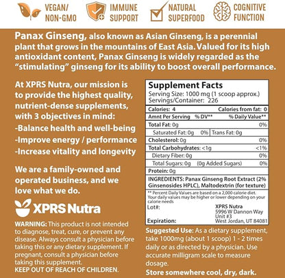 XPRS Nutra Ginseng Root Extract Powder - Ginseng Powder Supports Cognitive Function, Physical Performance, and Immune System - Vegan Friendly Panax Ginseng in Powder Form (8 Ounce)