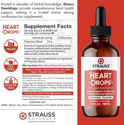 Strauss Naturals Heart Drops – Natural Mistletoe & Aged Garlic Extract Heart Health Supplement – Helps Maintain Healthy Cardiovascular System – Vegan & Non-GMO – 100 ml Bottle