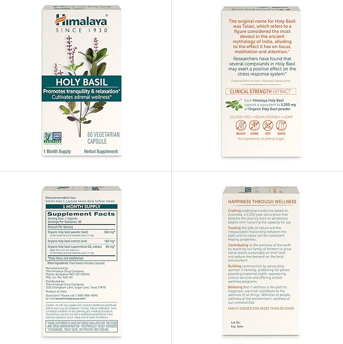Himalaya Holy Basil Tulsi Herbal Supplement, Stress Relief, Relaxation, Occasional Sleeplessness, Promotes Calm, Energy Support, Ayurvedic, Non-GMO, Vegan, 720 mg, 60 Capsules, 30 Day Supply